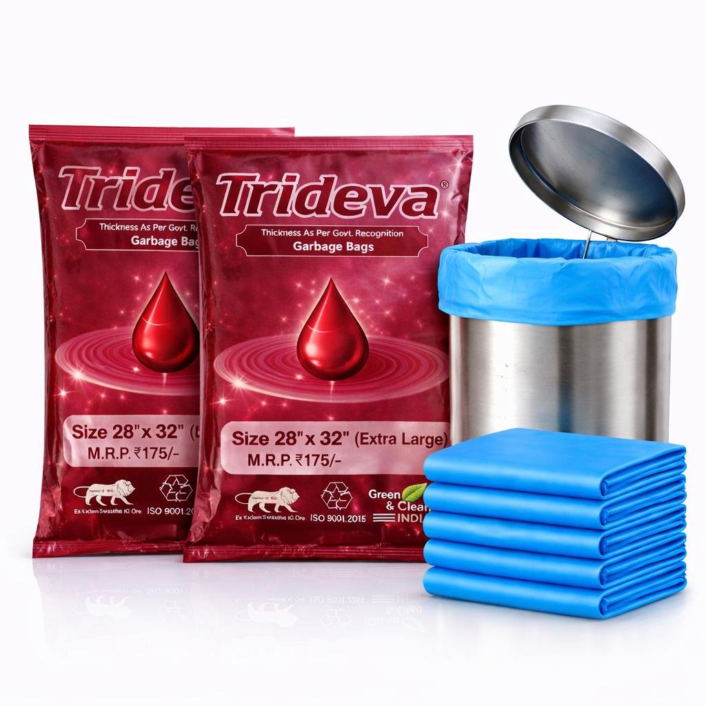 WhatsApp Image 2026-04-19 at 9.36.34 PM (3) Trideva HEAVY DUTY Extra Thick 28x32 Inch Pack of 2 Blue (7 Pcs in Each Pack) 75 Micron Biodegradable Garbage Bag | Trash/Dustbin Bags (Weight 500 Gram for Each Pack) - Image 1